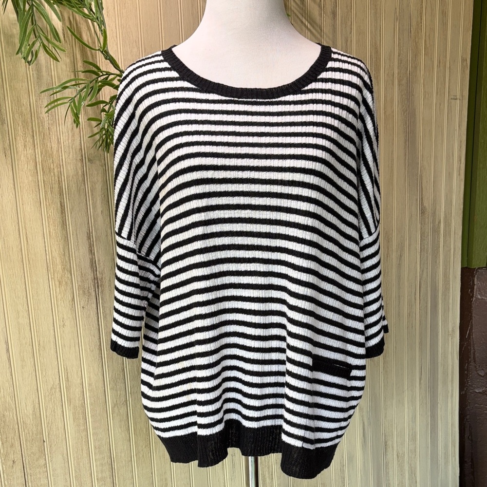 Eileen Fisher Black & White Striped Linen Sweater, Lagenlook, Medium, NWOT